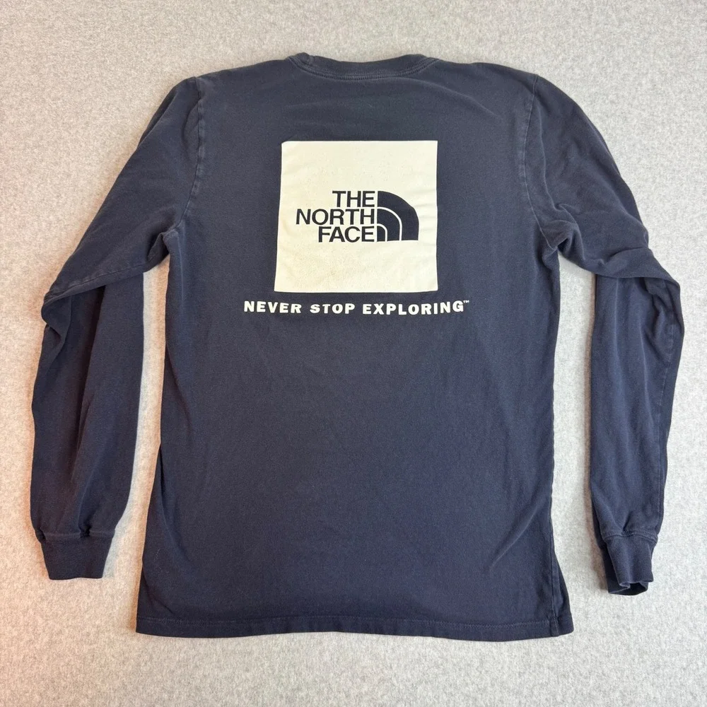 The North Face Mens Long Sleeve T-Shirt Navy Blue Box Logo Graphic Small